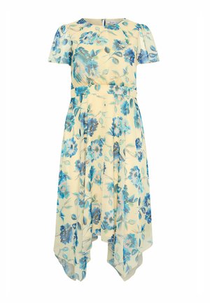 Gelbes Midikleid mit blauem Blumenmuster, kurzen Ärmeln, tailliertem Schnitt und asymmetrischem Zipfel- Saum.