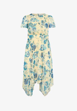 Yellow midi dress with blue floral print, short sleeves, fitted waist, and asymmetrical handkerchief hem.
