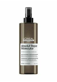 L'Oréal Professionnel Absolut Repair Molecular-behandeling in een doorschijnende grijze fles met zwarte pomp, voorzien van een etiket met details en gebruiksinstructies.