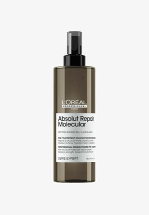 L'Oréal Professionnel Absolut Repair Molecular-behandeling in een doorschijnende grijze fles met zwarte pomp, voorzien van een etiket met details en gebruiksinstructies.