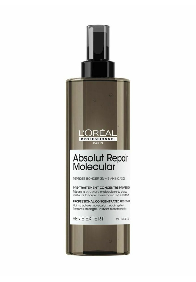 L'Oréal Professionnel Absolut Repair Molecular-behandeling in een doorschijnende grijze fles met zwarte pomp, voorzien van een etiket met details en gebruiksinstructies.