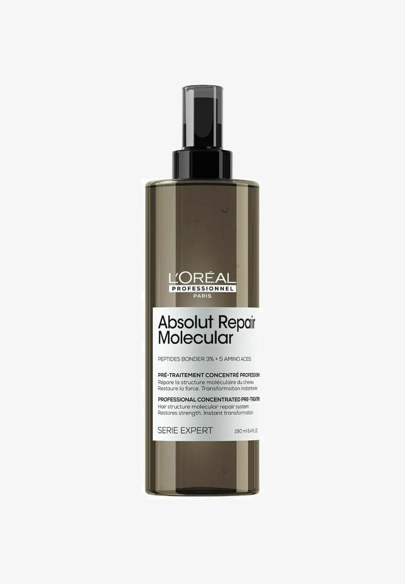 L'Oréal Professionnel Absolut Repair Molecular-behandeling in een doorschijnende grijze fles met zwarte pomp, voorzien van een etiket met details en gebruiksinstructies.