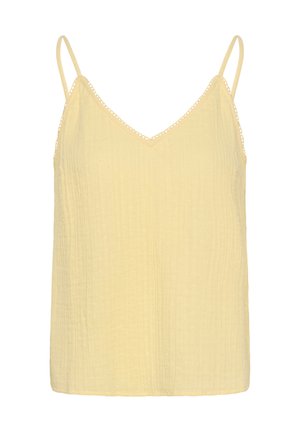 Svijetložuta teksturirana tkanina top s tankim naramenicama i suptilnim čipkastim rubom uz V-izrez.