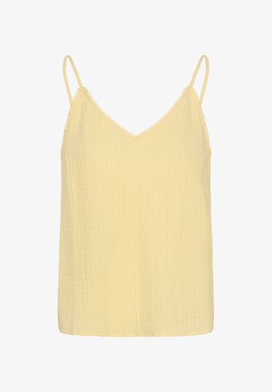 Light yellow textured fabric camisole with thin shoulder straps and a subtle lace trim along the V-neckline.