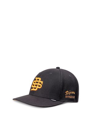 Black baseball cap with orange embroidered "DS" logo on front and "Djinns" text on side, featuring a flat brim and textured fabric.