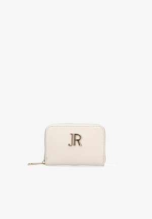 Small white leather wallet with gold zipper and JR logo embossed in gold on front center against white background.
