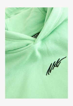 Hellgrüner Kapuzenpullover mit schwarzem, gesticktem "Next"-Logo und sichtbarem schwarzen Kleidungslabel im Kragen.