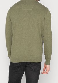 Maglione in maglia verde oliva con colletto a girocollo e polsini a coste. Presenta una texture liscia con un orlo arrotondato sul retro. Indossato con jeans scuri.