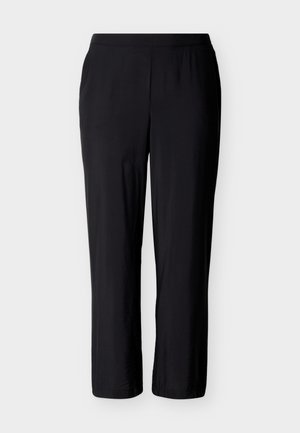 Μαύρο, ελαφρύ, κομμένο παντελόνι με απαλό υφή και ελαστική μέση, με ευθεία γραμμή στο πόδι και χωρίς ορατά κλεισίματα.