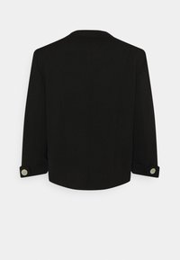 Zwarte blazer met lange mouwen en knoopsleeves, gezien vanaf de achterkant op een witte achtergrond.