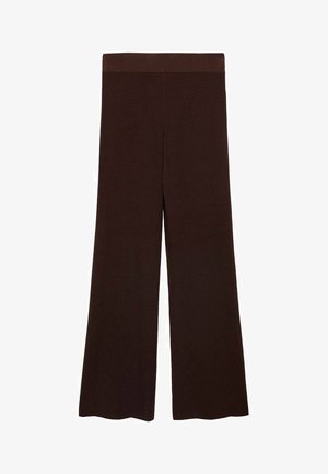 Brązowe spodnie wide-leg wykonane z prążkowanej tkaniny, z szerokim pasem i gładką fakturą. Brak widocznych akcentów lub wzorów.