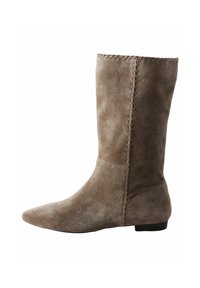 Knee-high brown suede boot with a pointed toe and stitched detailing along the seams, featuring a low, flat heel.