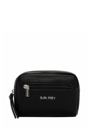 Black leather pouch with textured surface, featuring a front zip pocket and a small side pull tab. Silver brand lettering displayed.