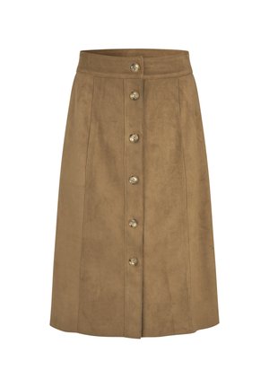 Brauner Wildleder-Rock in A-Linie mit vorderer Knopfverschluss, ausgestattet mit fünf runden Knöpfen und Nahtdetails. Glatte Textur, knieumspielendes Design.