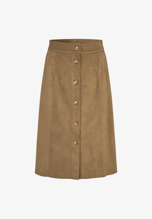 Brauner Wildleder-Rock in A-Linie mit vorderer Knopfverschluss, ausgestattet mit fünf runden Knöpfen und Nahtdetails. Glatte Textur, knieumspielendes Design.