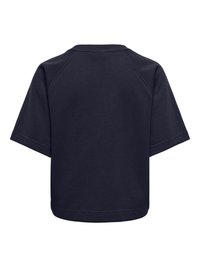 Sweat-shirt bleu marine à manches courtes avec col rond côtelé et coupe décontractée, vu de dos sur fond blanc.