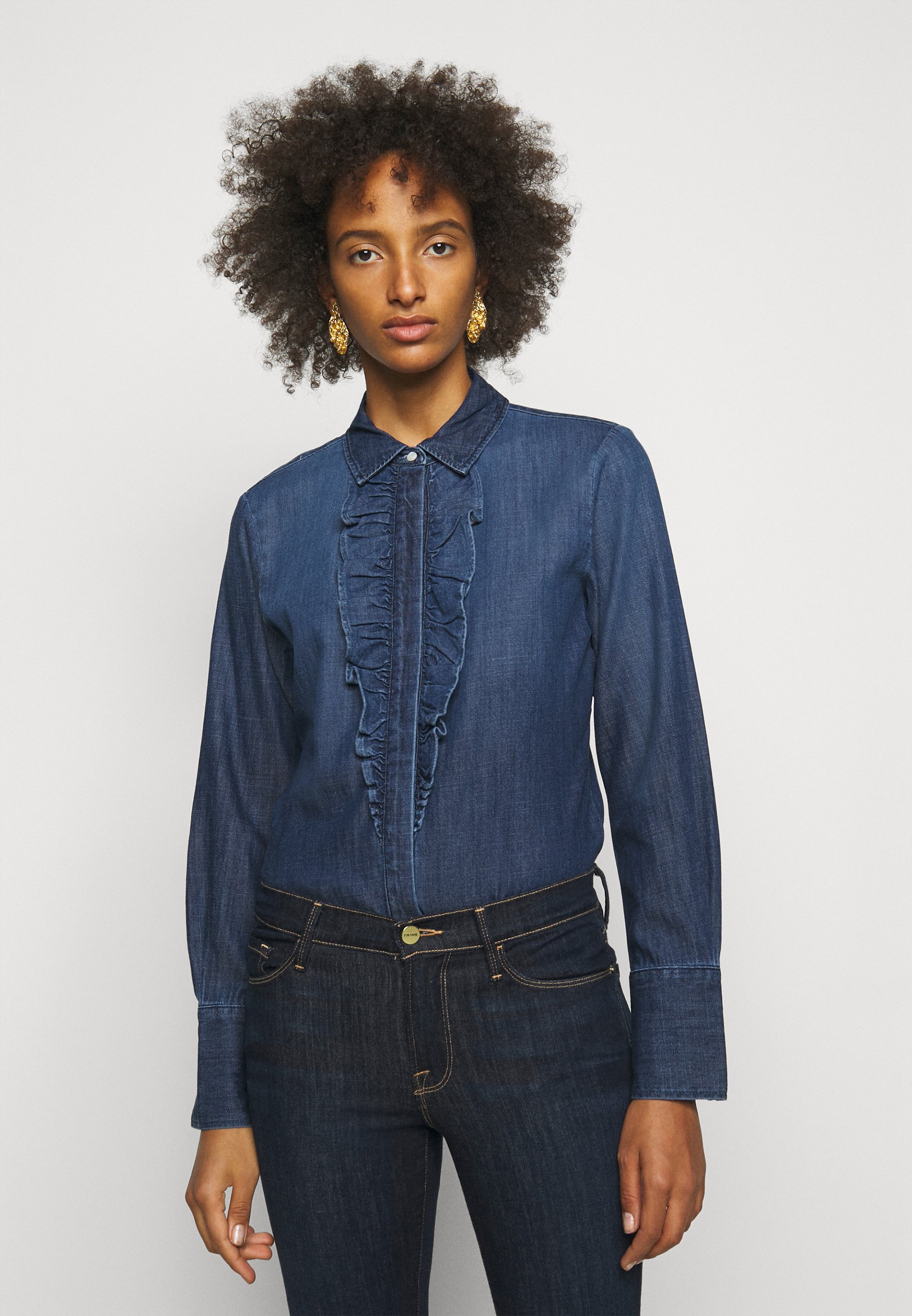 denim ruffle blouse