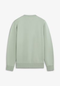 Sudadera verde menta con cuello redondo y mangas largas. Textura suave y puños acanalados, con un diseño sencillo y sin adornos.
