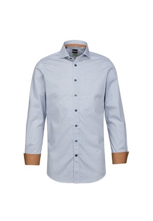 Himmelblaues Button-Up-Hemd mit geometrischem Muster, kontrastierenden braunen Manschetten und schwarzen Knöpfen. Verfügt über lange Ärmel und einen klassischen Kragen.