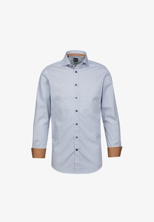 Camicia azzurra chiara con un motivo geometrico, polsini marroni a contrasto e bottoni neri. Presenta maniche lunghe e un colletto standard.