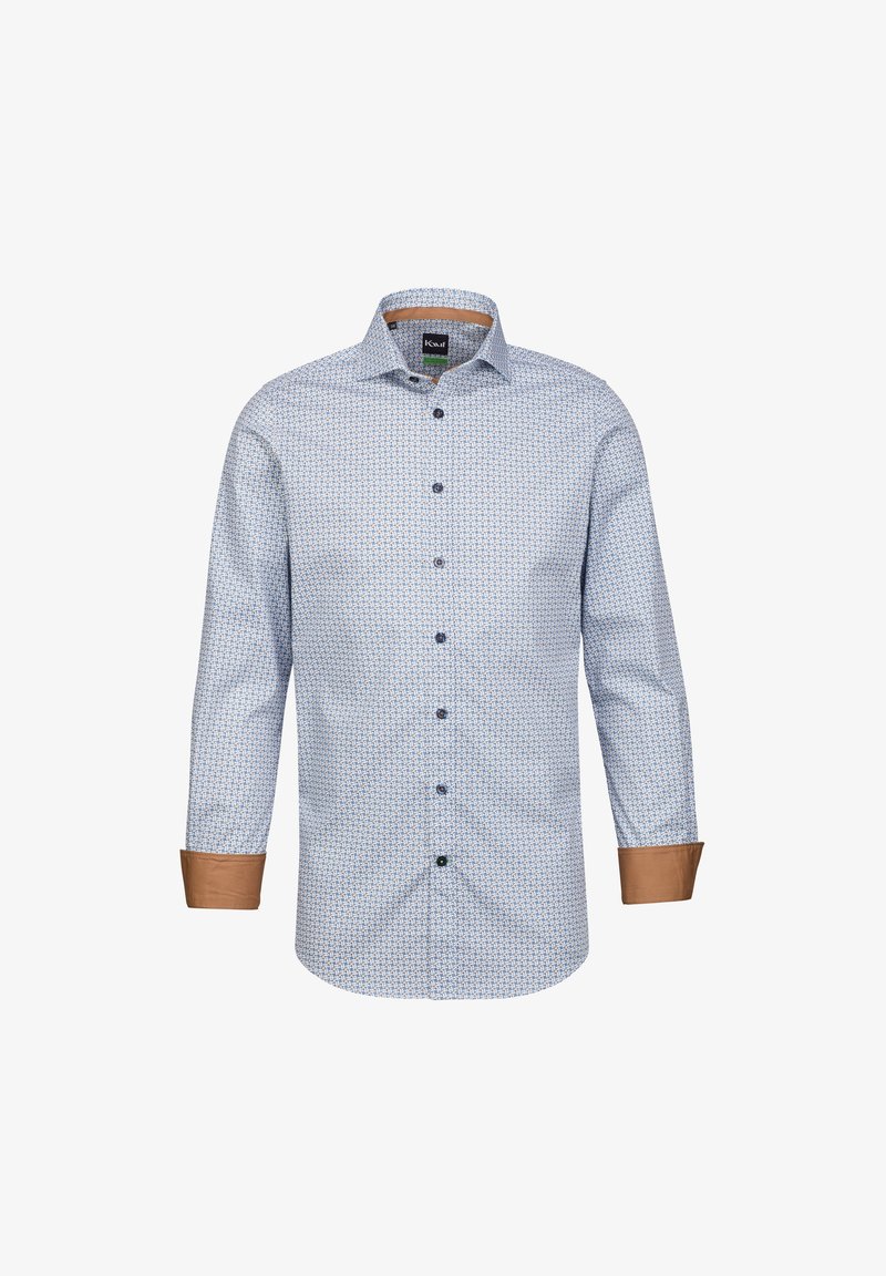 Himmelblaues Button-Up-Hemd mit geometrischem Muster, kontrastierenden braunen Manschetten und schwarzen Knöpfen. Verfügt über lange Ärmel und einen klassischen Kragen.