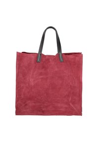 Borsa tote in suede rosso con manici in pelle nera, forma rettangolare e cuciture minime. Trama morbida e design semplice e privo di decorazioni.