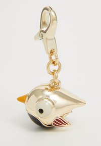 Gold-tone bird keychain accessory features a glossy finish, orange beak, large eye, and striped wings. Includes a clip for attachment.
