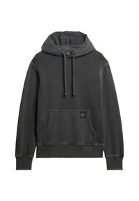Dark gray hoodie with a front pocket, drawstring hood, and ribbed cuffs. Features a woven label at the pocket. Soft texture and casual design.