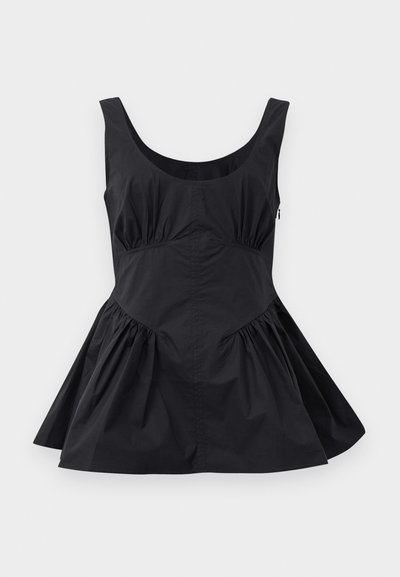 Black sleeveless dress with a scoop neckline, gathered waist, and flared skirt. Made of lightweight fabric with a smooth texture and minimal seams.