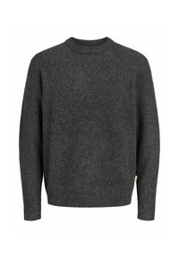 Pull à manches longues en maille côtelée gris foncé avec un col rond et une petite étiquette en tissu sur le bas côté gauche.