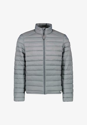 Grijze doorgestikte pufferjas met volledige rits aan de voorkant en opstaande kraag, ontworpen voor warmte en lichtgewicht comfort.