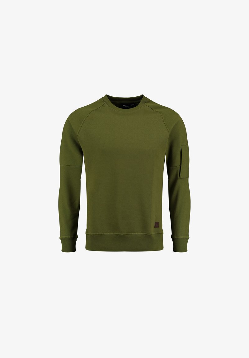 Sweatshirt olive en tissu doux, avec un col et des poignets côtelés, des manches raglan et une poche sur le haut du bras.
