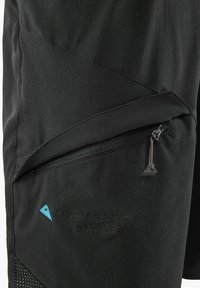 Black outdoor shorts with a textured finish, featuring an angled zipper pocket and embossed branding. Includes blue accent detail.