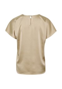 Lyhythihainen beige paita, jossa on sileä pinta, pyöreä pääntie ja pieni takareikä. Ominaisuuksiin kuuluu rento malli ja minimaalinen ompelu.
