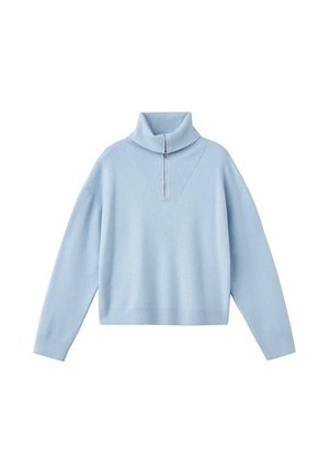 Helles blaues Pullover mit hohem Kragen, halbseitigem Reißverschluss, überschnittenen Schultern und lockerer Passform. Hergestellt aus weichem, strukturiertem Stoff.