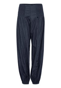 Pantalon large bleu foncé avec taille élastique froncée et bas élastiques froncés, en denim léger, présenté sur fond blanc.