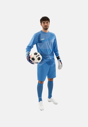 Blue goalkeeper uniform featuring long sleeves, patterned design, and matching shorts. Equipped with gloves and holding a black and white soccer ball.