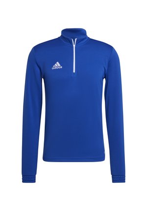 Langærmet blå Adidas sportstop med hvid kvart lynlås og Adidas-logo på venstre bryst.