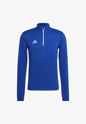Blaues Adidas Sportoberteil mit langen Ärmeln, weißem Viertelreißverschluss und Adidas-Logo auf der linken Brust.