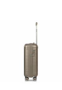 Harde koffer in taupe. Beschikt over een verticale geribbelde designs, telescopische handgreep en vier draaibare wielen voor mobiliteit. Ritsafsluiting.