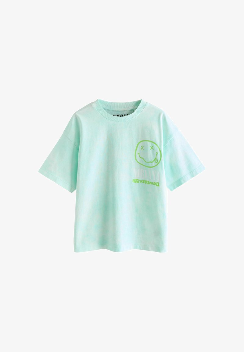 Mintasto zelena kratka majica s kratkimi rokavi in okrolim izrezom, z zelenim grafikonom nasmejanega obraza in napisom "NIRVANA NEVERMIND" na prsih.