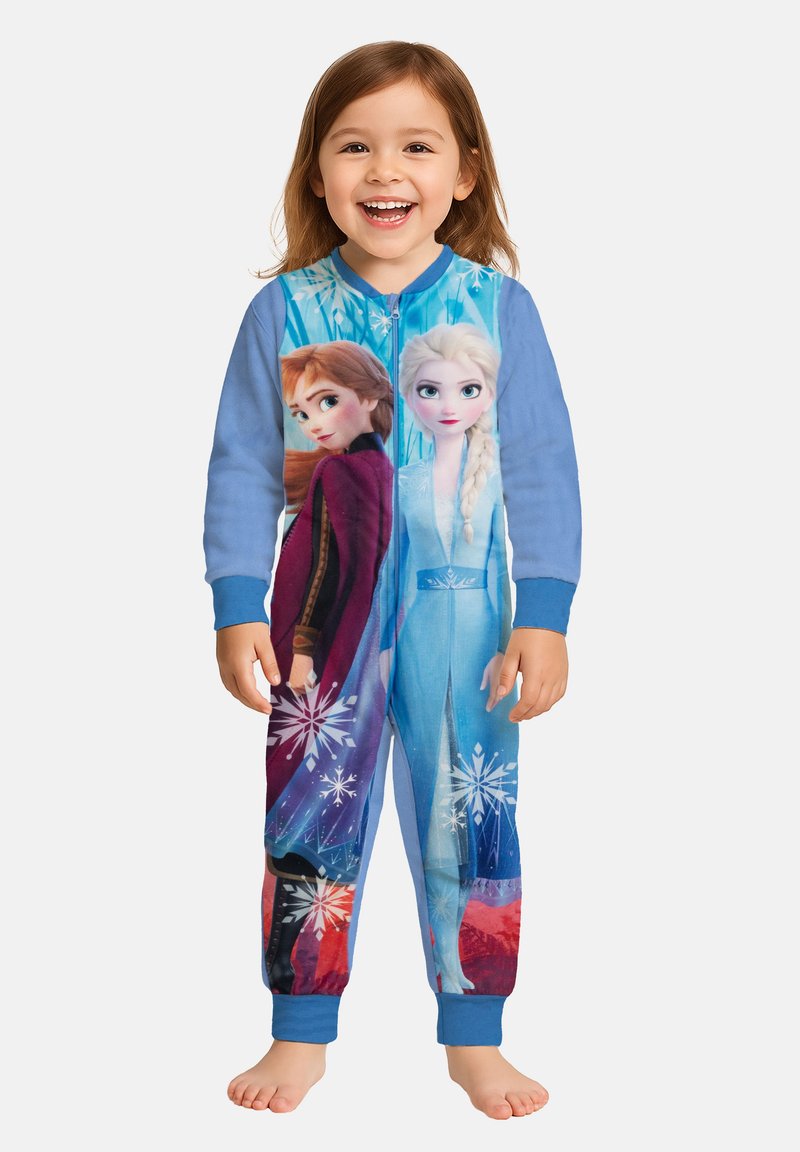 Pigiama in felpa con un design blu, caratterizzato da immagini stampate dei personaggi Anna ed Elsa, decorato con fiocchi di neve e uno sfondo colorato in gradiente.