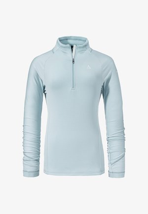 Light blue, long-sleeve top made from textured fabric with a quarter-zip neck, featuring a fitted design and subtle logo on the chest.