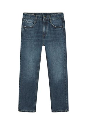Mørkeblå denimjeans med et lige snit, fem lommer og kontrasterende syningsdetaljer. Mellemhøj talje og ren kantfinish.