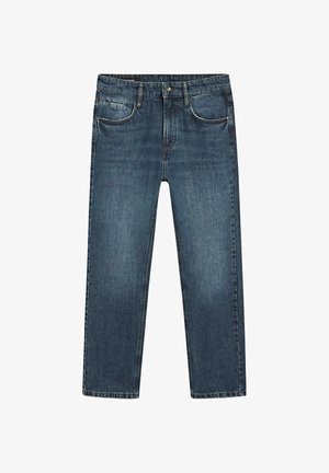 Tmavě modré džíny z denimu s rovnějším střihem, pěti kapsami a kontrastním prošitím. Středně vysoký pas a čistě zakončený lem.