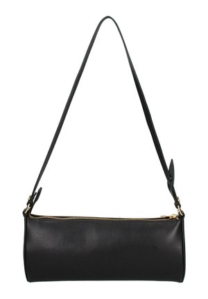 Borsa a tracolla rettangolare in pelle nera con cerniera dorata e tracolla regolabile, appesa verticalmente su uno sfondo bianco.