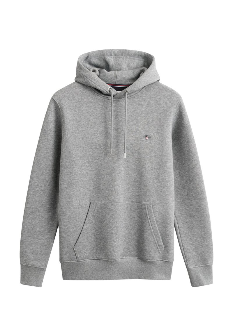 Sudadera con capucha de color gris claro, con bolsillo tipo canguro en la parte delantera, capucha ajustable con cordón, puños acanalados y pequeño logo bordado en el pecho.