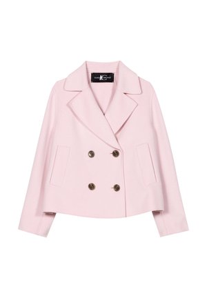 Light pink double-breasted cropped coat with wide lapels, two front pockets, and dark buttons on a white background.