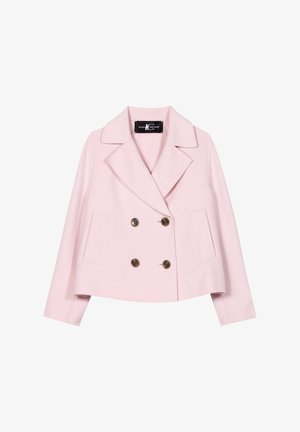 Light pink double-breasted cropped coat with wide lapels, two front pockets, and dark buttons on a white background.