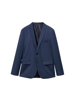 Navy blue blazer made of textured fabric, featuring a notched collar, two front pockets, and a single-button closure. Smooth interior lining.